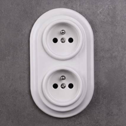 Elhard - Dviguba keraminė retro rozetė namams su rėmeliu SCHUKO 230V balta