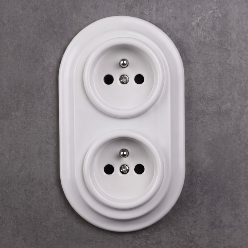 Elhard - Dviguba keraminė retro rozetė namams su rėmeliu SCHUKO 230V balta