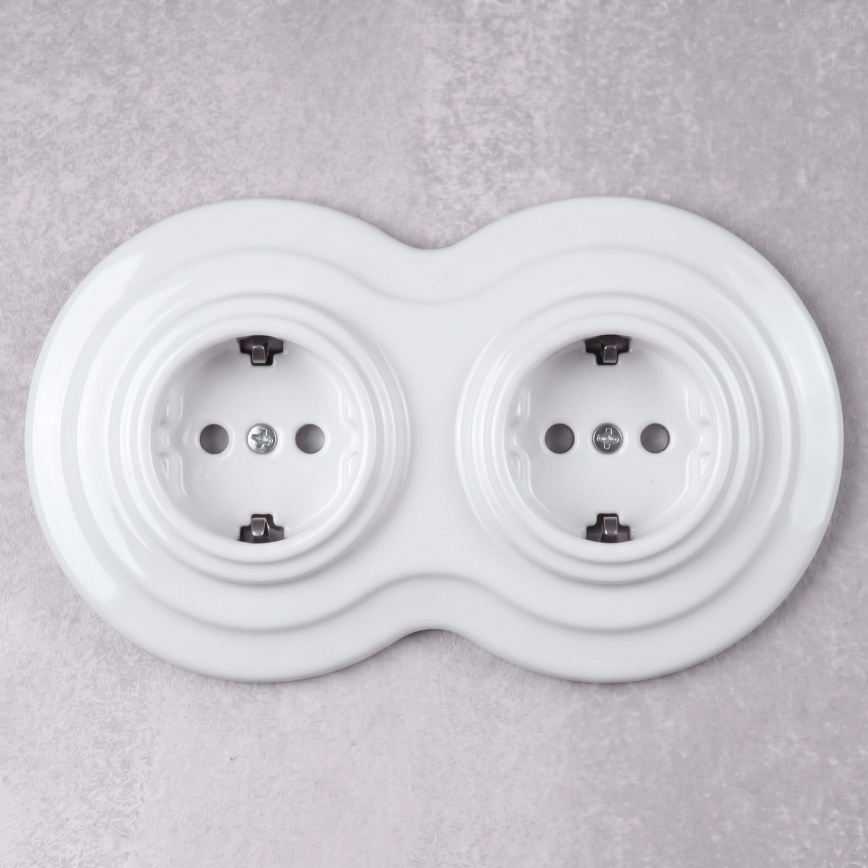 Elhard - dviguba keraminė retro rozetė namams su rėmeliu SCHUKO 230V balta