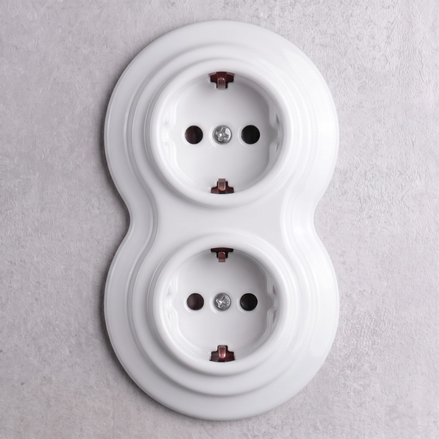 Elhard - dviguba keraminė retro rozetė namams su rėmeliu SCHUKO 230V balta