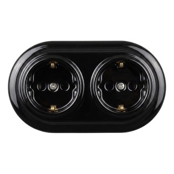 Elhard - Dviguba keraminė retro stiliaus namų rozetė su rėmeliu SCHUKO 230V juoda