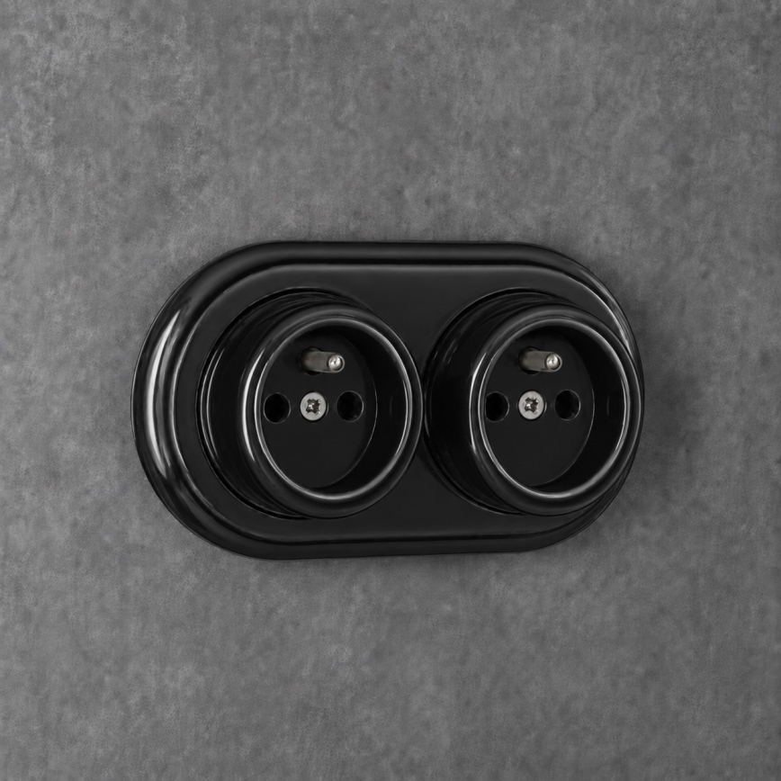 Elhard - Dviguba sieninė keraminė retro namų rozetė su rėmeliu 230V juoda
