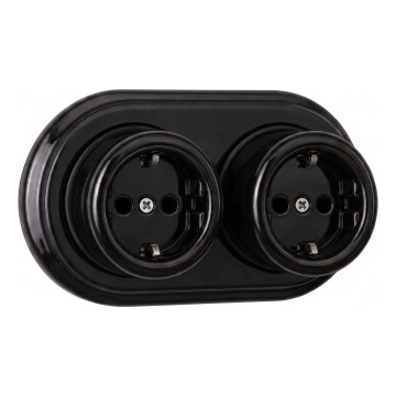 Elhard - Dviguba sieninė keraminė retro rozetė namams su rėmeliu SCHUKO 230V juoda