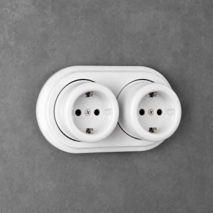 Elhard - Dviguba sieninė keraminė retro rozetė su rėmeliu, SCHUKO, 230 V, balta