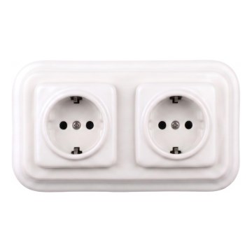 Elhard - Dvigubas keramikinis retro namų lizdas su rėmeliu SCHUKO 230V baltas