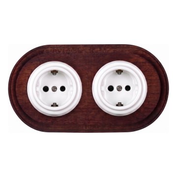 Elhard - Dvigubas keraminis retro buitinio naudojimo lizdas su rėmeliu SCHUKO 230V balta/tamsi mediena