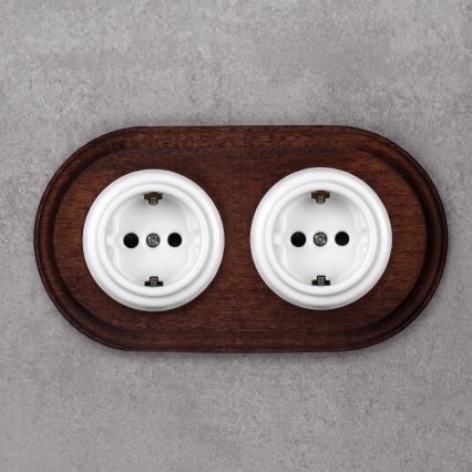 Elhard - Dvigubas keraminis retro buitinio naudojimo lizdas su rėmeliu SCHUKO 230V balta/tamsi mediena