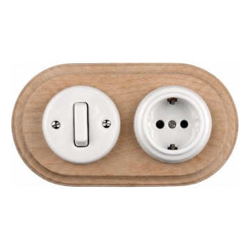 Elhard - Keramikinis retro jungiklis Nr. 1 ir 230 V lizdas su rėmeliu SCHUKO balta/šviesi mediena