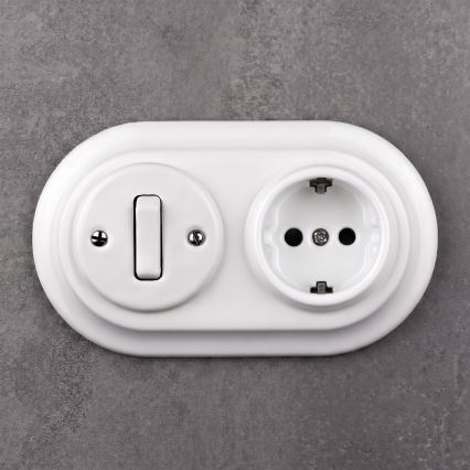 Elhard - Keramikinis retro jungiklis Nr. 1 ir 230V lizdas su SCHUKO rėmeliu, baltas