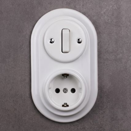 Elhard - Keramikinis retro jungiklis Nr. 1 ir 230V lizdas su SCHUKO rėmeliu, baltas