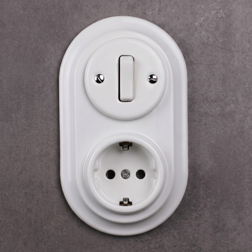 Elhard - Keramikinis retro jungiklis Nr. 1 ir 230V lizdas su SCHUKO rėmeliu, baltas