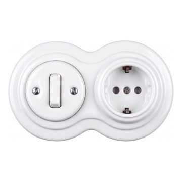 Elhard - keramikinis retro jungiklis Nr. 1 ir 230V lizdas su SCHUKO rėmeliu, baltas