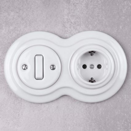 Elhard - keramikinis retro jungiklis Nr. 1 ir 230V lizdas su SCHUKO rėmeliu, baltas