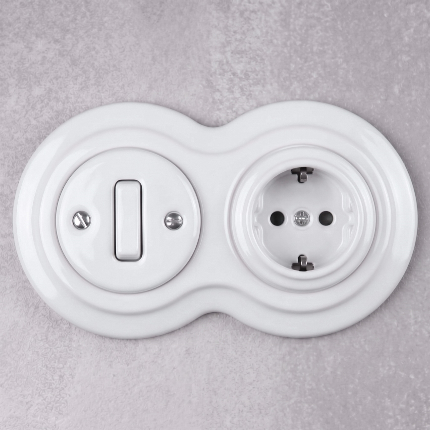 Elhard - keramikinis retro jungiklis Nr. 1 ir 230V lizdas su SCHUKO rėmeliu, baltas