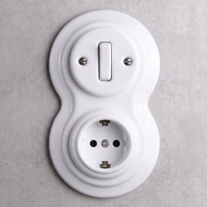 Elhard - keramikinis retro jungiklis Nr. 1 ir 230V lizdas su SCHUKO rėmeliu, baltas