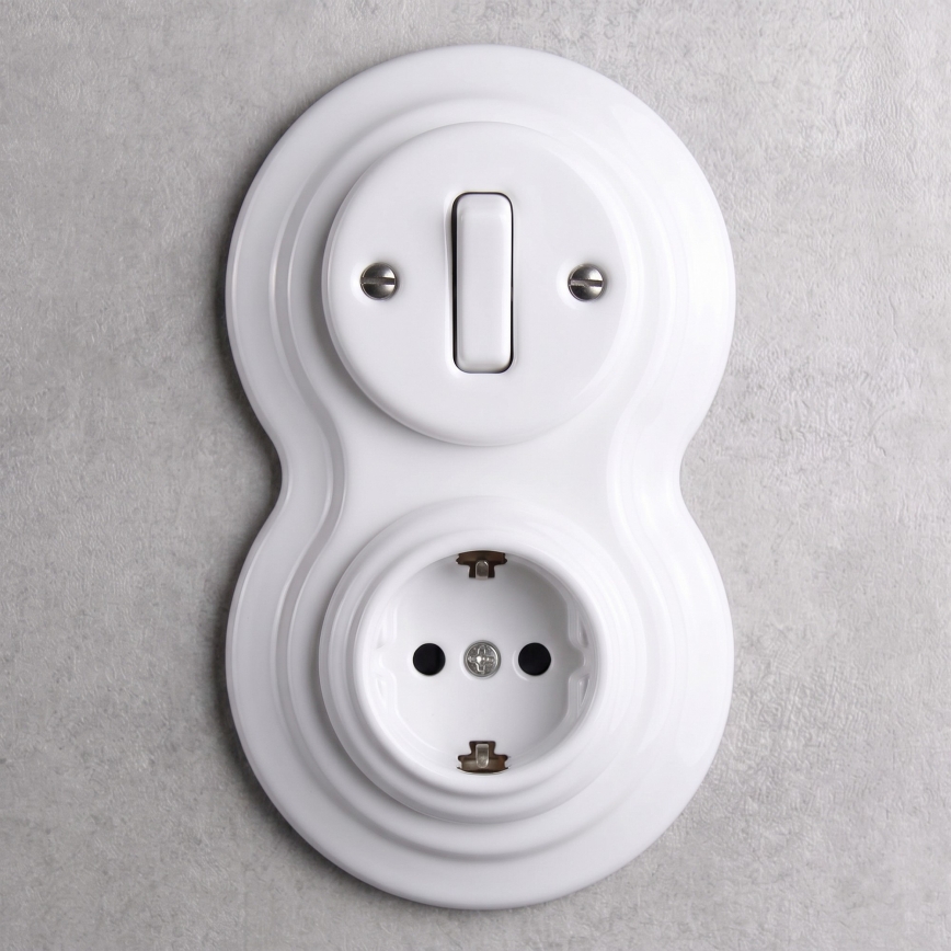 Elhard - keramikinis retro jungiklis Nr. 1 ir 230V lizdas su SCHUKO rėmeliu, baltas
