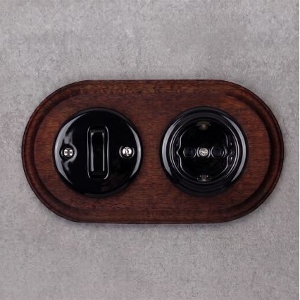 Elhard - Keraminis retro jungiklis č. 1 ir 230V lizdas su SCHUKO rėmeliu juoda/tamsi mediena