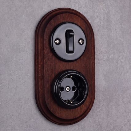 Elhard - Keraminis retro jungiklis č. 1 ir 230V lizdas su SCHUKO rėmeliu juoda/tamsi mediena