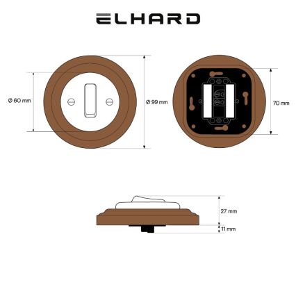 Elhard - Keramikinis retro viengubas jungiklis su rėmeliu č. 1 juodas/tamsi mediena