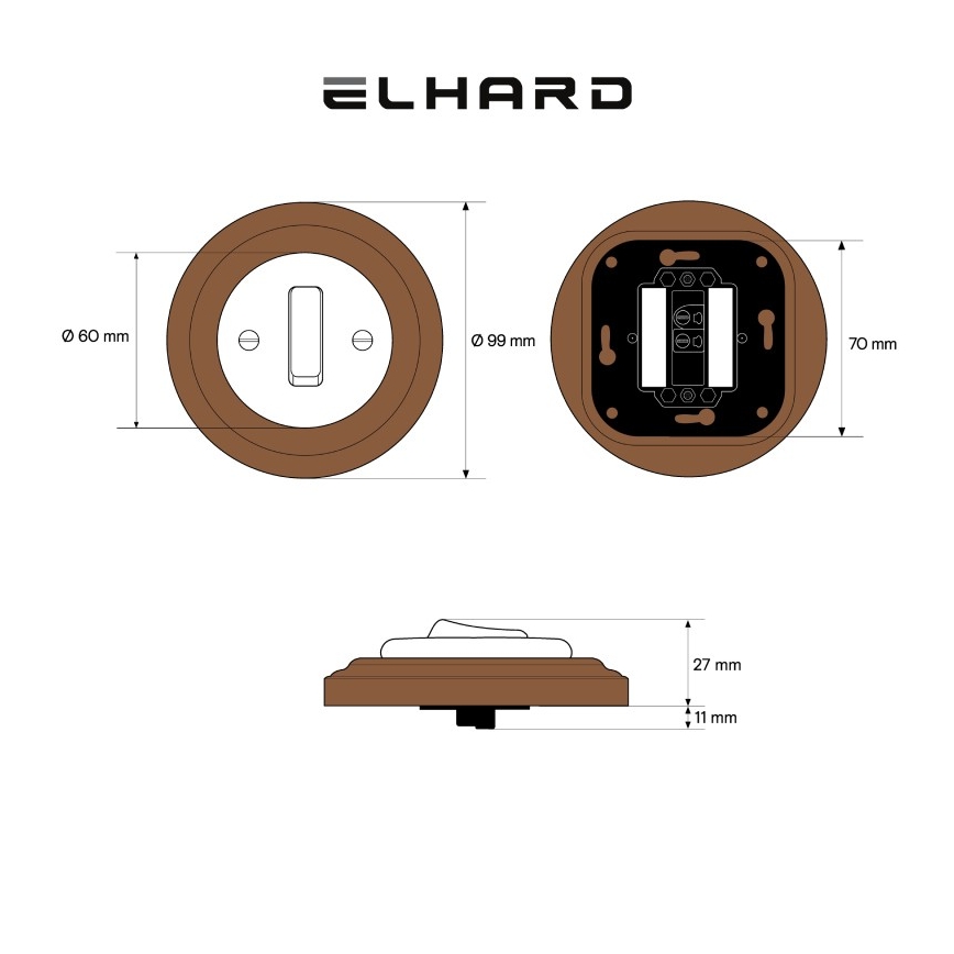 Elhard - Keramikinis retro viengubas šviesos jungiklis su rėmeliu č. 1 balta/tamsi mediena