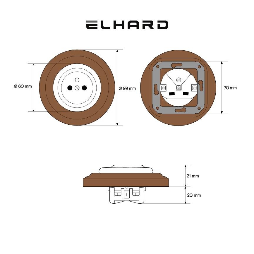 Elhard - Keraminė retro namų rozetė su rėmeliu 230V juoda/tamsi mediena
