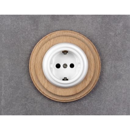 Elhard - Keraminė retro namų rozetė su rėmeliu SCHUKO 230V balta/šviesi mediena