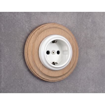 Elhard - Keraminė retro namų rozetė su rėmeliu SCHUKO 230V balta/šviesi mediena