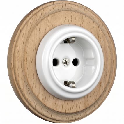 Elhard - Keraminė retro namų rozetė su rėmeliu SCHUKO 230V balta/šviesi mediena
