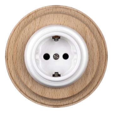Elhard - Keraminė retro namų rozetė su rėmeliu SCHUKO 230V balta/šviesi mediena