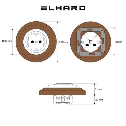 Elhard - Keraminė retro namų rozetė su rėmeliu SCHUKO 230V balta/tamsi mediena