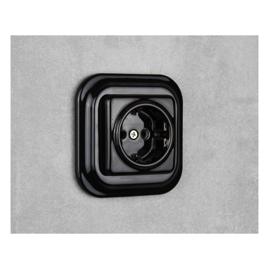 Elhard - Keraminė retro namų rozetė su rėmeliu SCHUKO 230V juoda