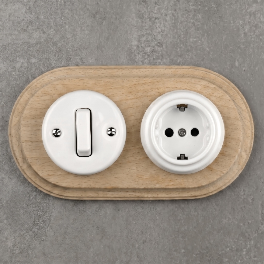 Elhard - Keramikinis retro jungiklis Nr. 1 ir 230 V lizdas su rėmeliu SCHUKO balta/šviesi mediena