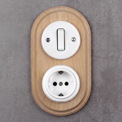 Elhard - Keramikinis retro jungiklis Nr. 1 ir 230 V lizdas su rėmeliu SCHUKO balta/šviesi mediena