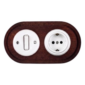 Elhard - Keraminis retro jungiklis nr. 1 ir 230 V lizdas su SCHUKO rėmeliu balta/tamsi mediena
