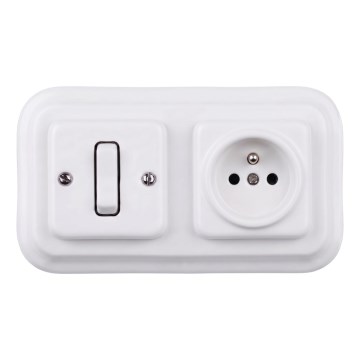 Elhard - Keraminis retro vienpolinis jungiklis Nr. 1 ir 230 V lizdas su rėmeliu, baltas