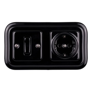 Elhard - Keraminis retro vienpolinis jungiklis Nr. 1 ir SCHUKO 230V lizdas su rėmeliu juodas