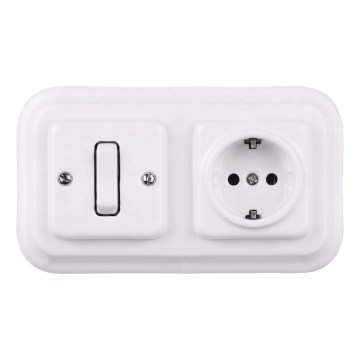 Elhard - Keraminis retro vienpolinis jungiklis Nr. 1 ir SCHUKO 230V rozetė su rėmeliu balta
