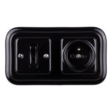Elhard - retro stiliaus keraminis vienpolinis jungiklis Nr. 1 ir 230V lizdas su rėmeliu, juodas