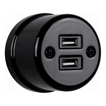 Elhard - sieninė keraminė retro rozetė 2x USB-A, juoda