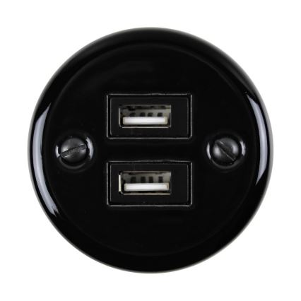 Elhard - sieninė keraminė retro rozetė 2x USB-A, juoda