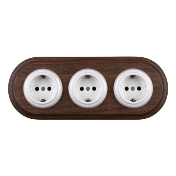 Elhard - Triguba keraminė retro buitinė rozetė su rėmeliu SCHUKO 230V balta/tamsi mediena