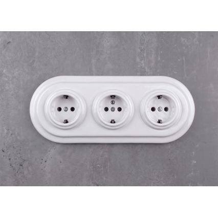 Elhard - Triguba keraminė retro namų rozetė su rėmeliu SCHUKO 230V balta