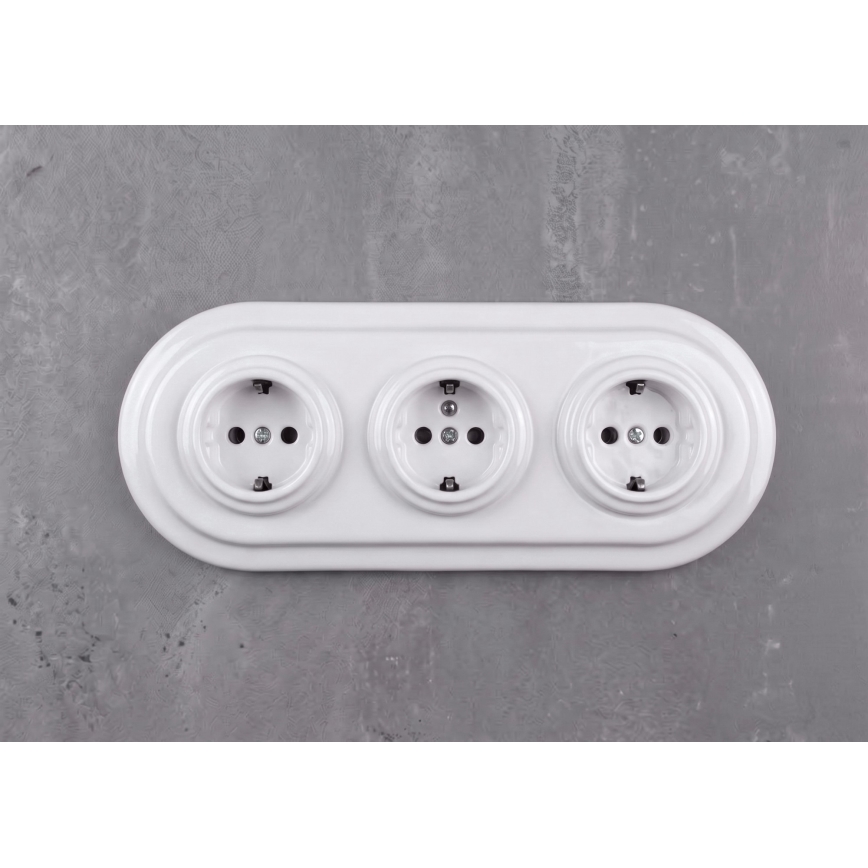 Elhard - Triguba keraminė retro namų rozetė su rėmeliu SCHUKO 230V balta