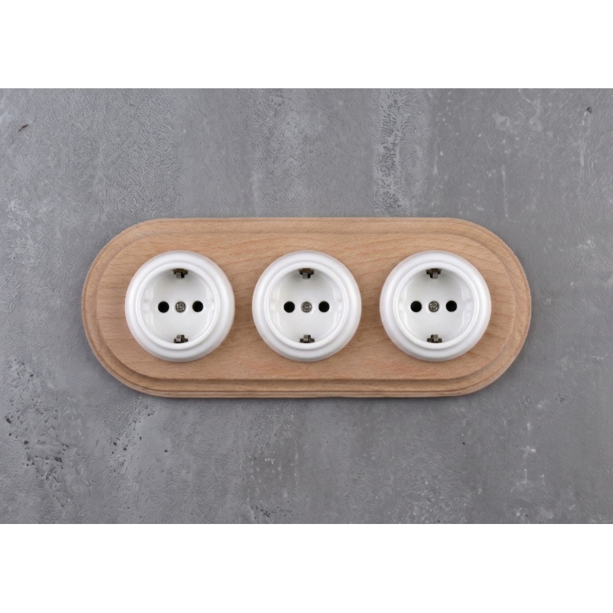 Elhard - Trivietė keraminė retro namų rozetė su rėmeliu SCHUKO 230V balta/šviesi mediena