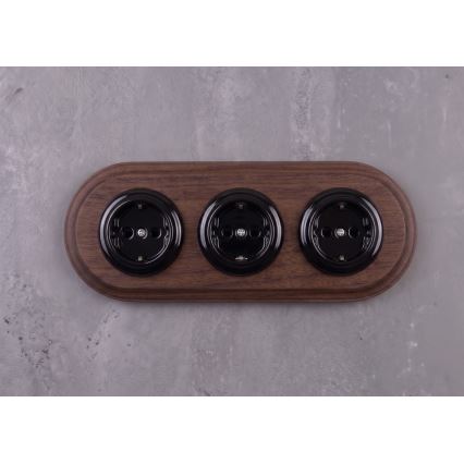 Elhard - Triguba keraminė retro rozetė namams su rėmeliu SCHUKO 230V juoda/tamsi mediena