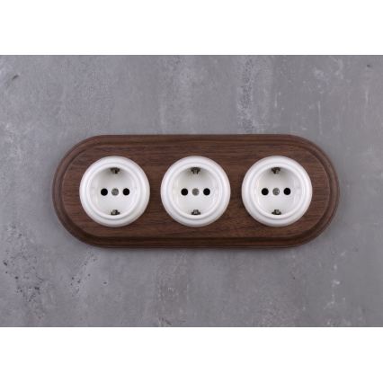 Elhard - Triguba keraminė retro buitinė rozetė su rėmeliu SCHUKO 230V balta/tamsi mediena
