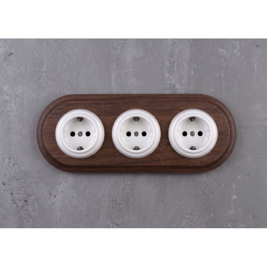 Elhard - Triguba keraminė retro buitinė rozetė su rėmeliu SCHUKO 230V balta/tamsi mediena