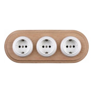 Elhard - Trivietė keraminė retro namų rozetė su rėmeliu SCHUKO 230V balta/šviesi mediena