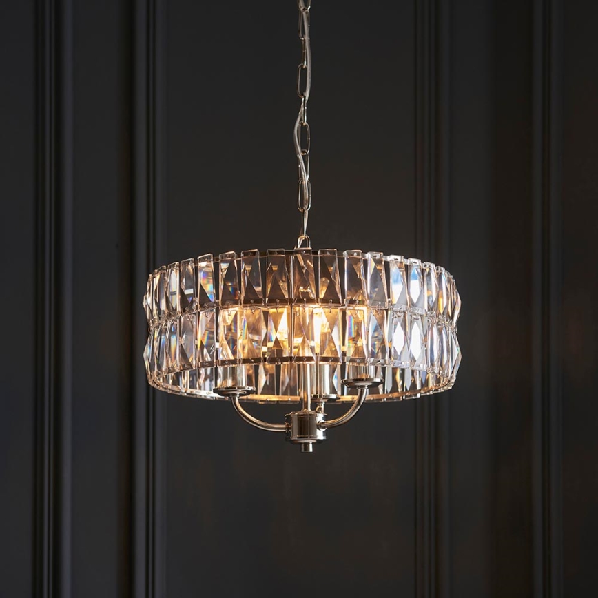 Endon 104466 - Sietynas, kabinamas ant grandinės CLIFTON 3xE14/6W/230V blizgus chromas/permatoma diametras 38,5 cm