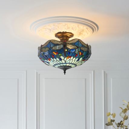 Endon 111897 - Ant lubų montuojama liustra Tiffany DRAGONFLY 3xE27/10W/230V, skersmuo 41 cm